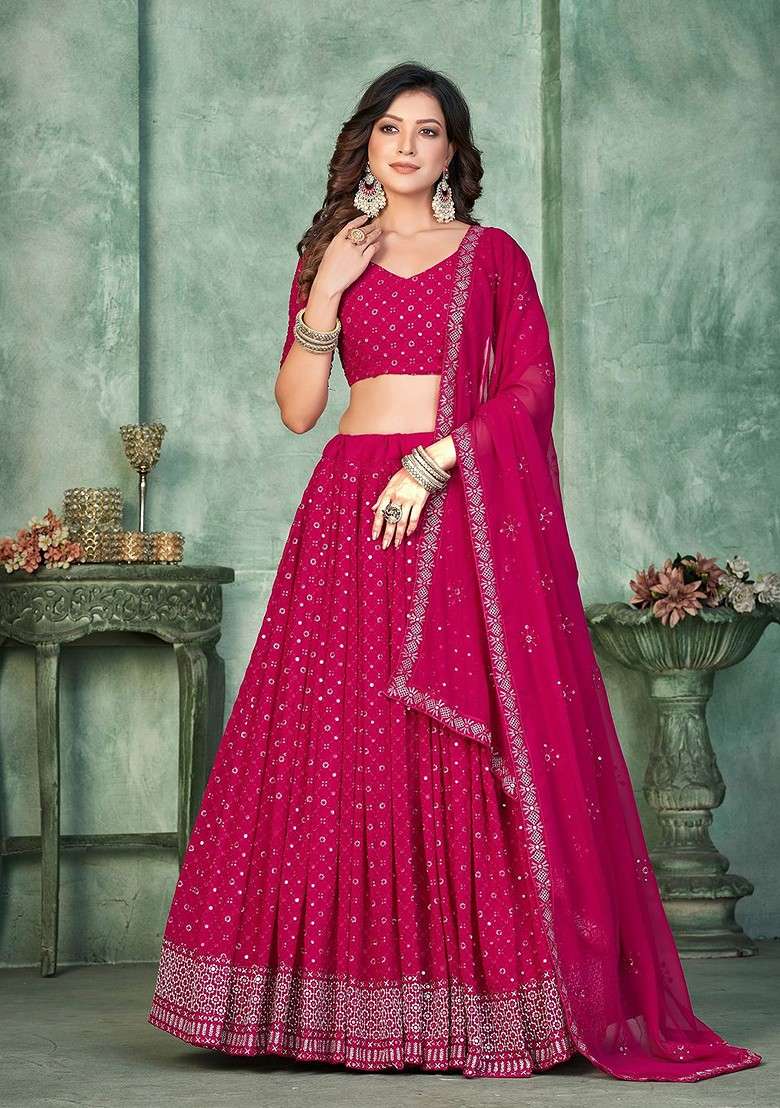 Pink Emboridered Blended Lehenga Choli - Indya