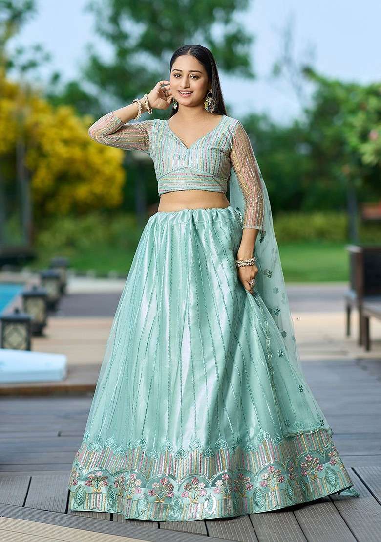 Green Emboridered Blended Lehenga Choli - Indya