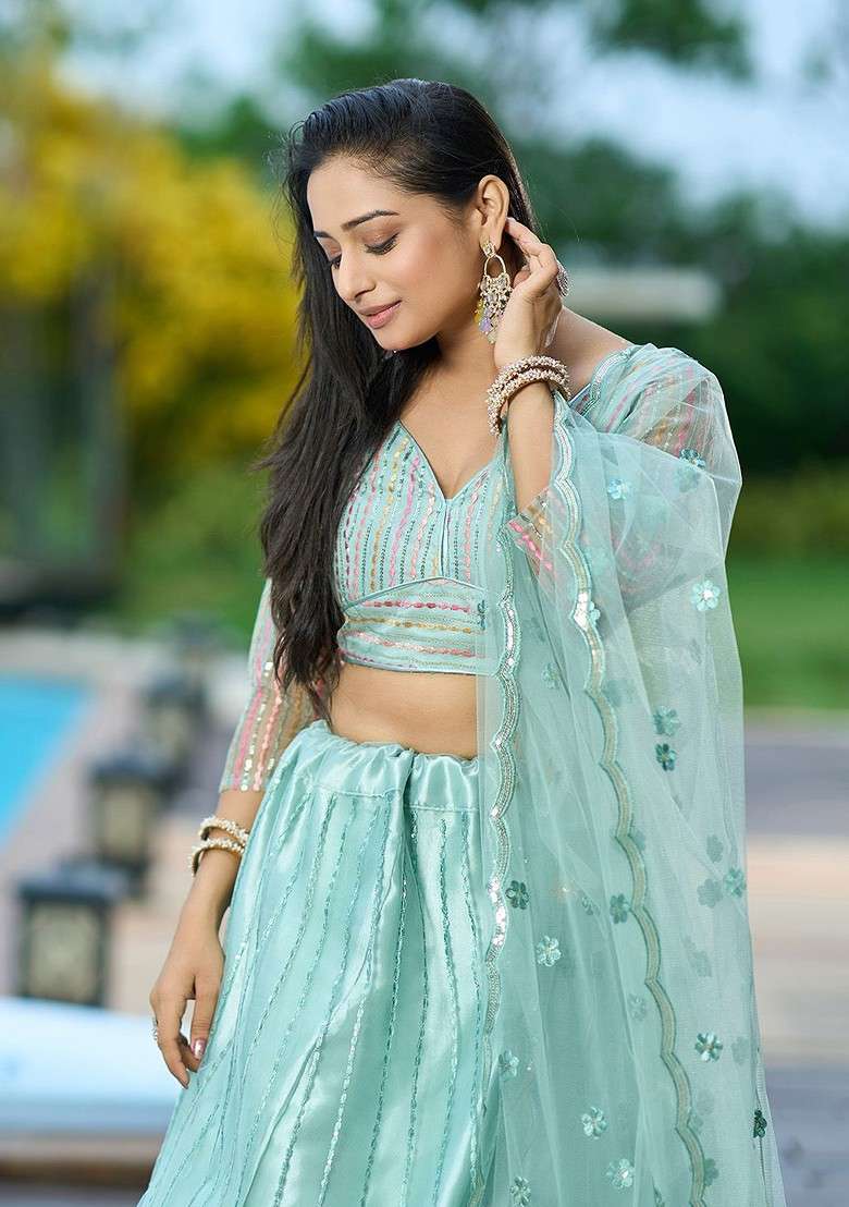 Green Emboridered Blended Lehenga Choli - Indya