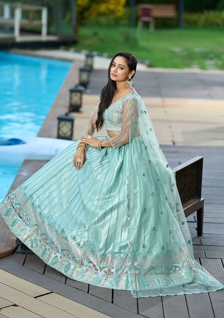 Green Emboridered Blended Lehenga Choli - Indya