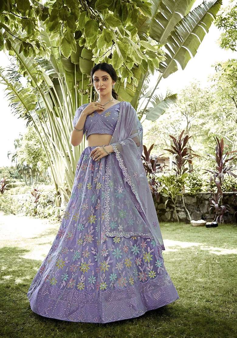 Purple Emboridered Blended Lehenga Choli - Indya