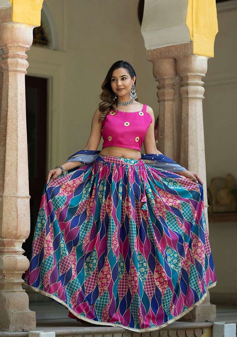 Pink Printed Blended Lehenga Choli - Indya