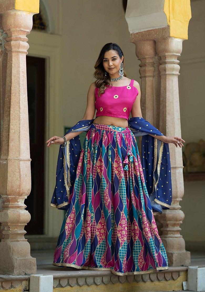 Pink Printed Blended Lehenga Choli - Indya
