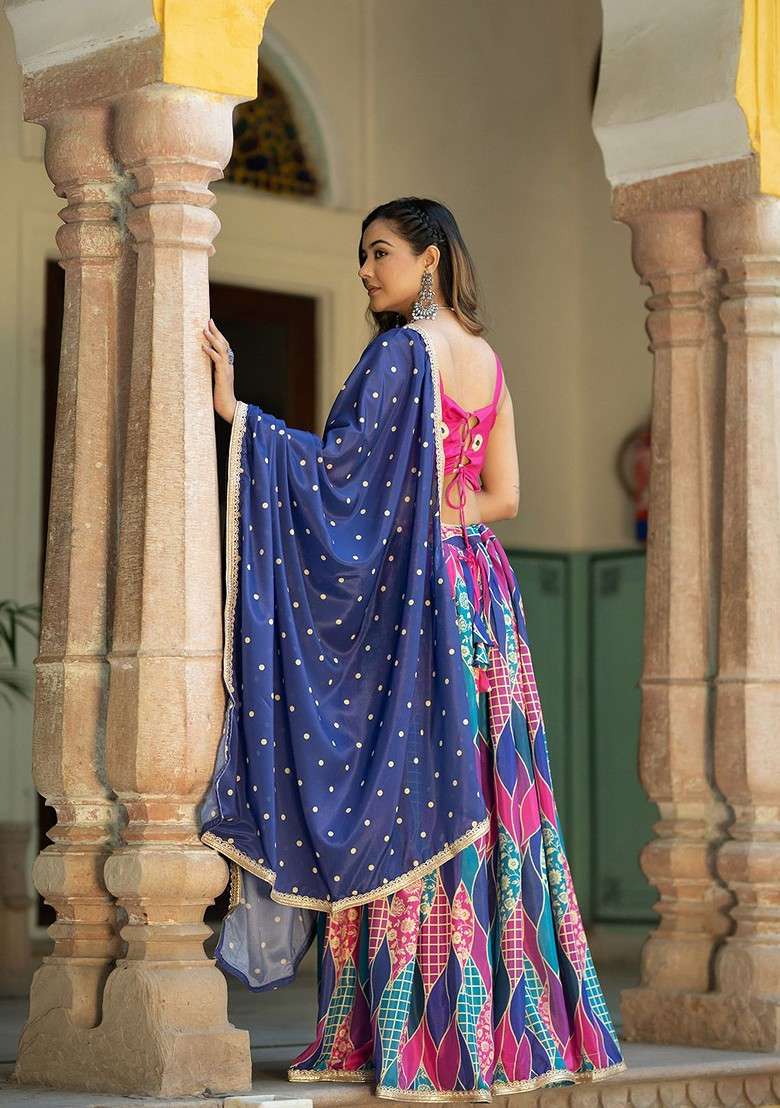 Pink Printed Blended Lehenga Choli - Indya