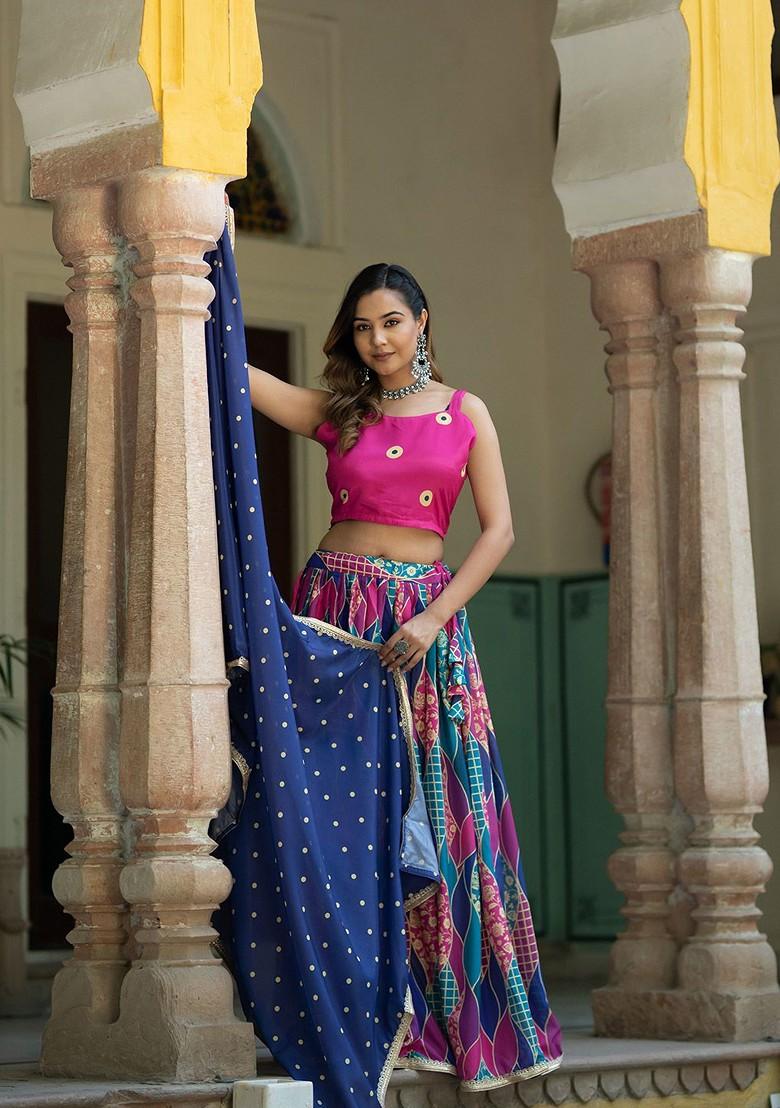 Pink Printed Blended Lehenga Choli - Indya