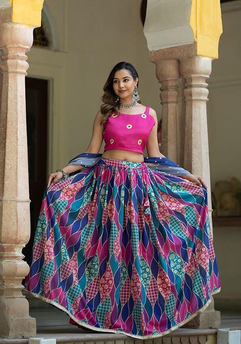 Pink Printed Blended Lehenga Choli — view on Indya