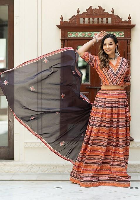 Orange Printed Blended Lehenga Choli — view on Indya