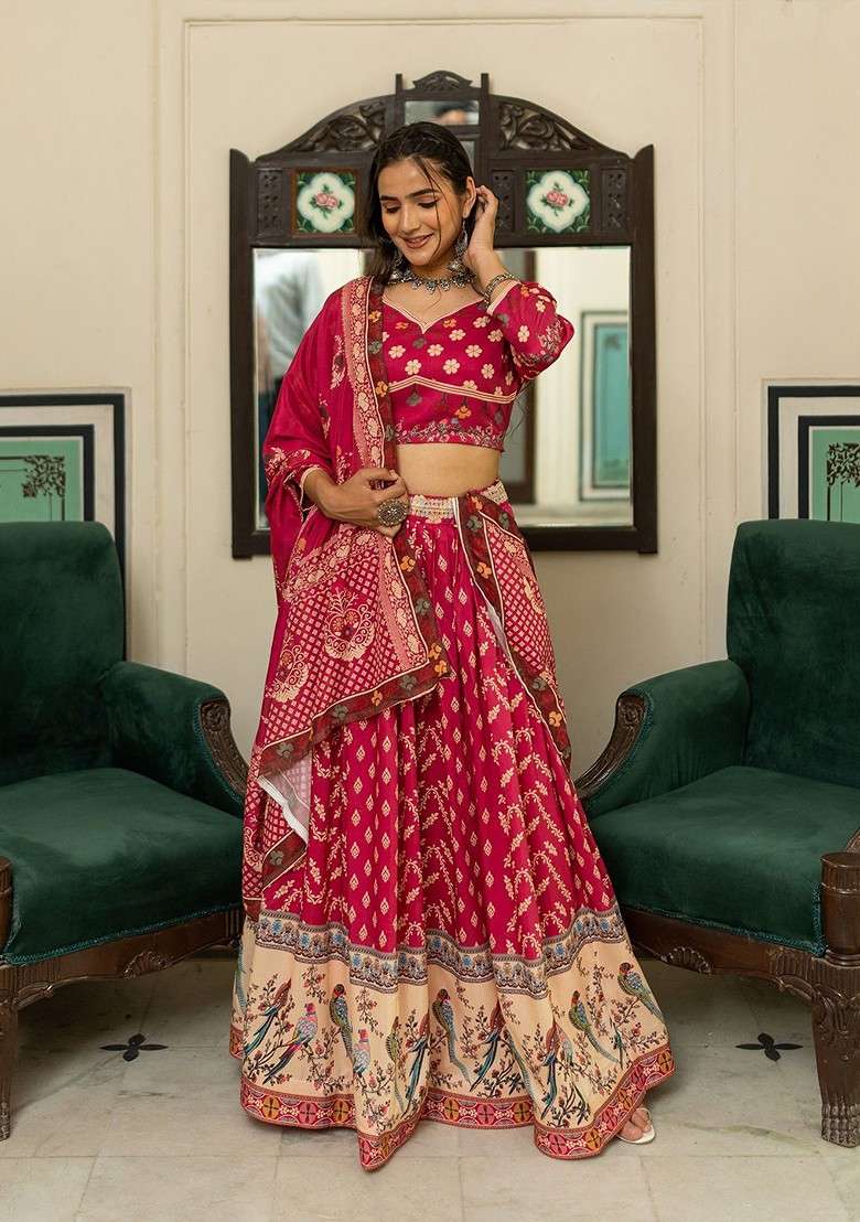Maroon Printed Blended Lehenga Choli - Indya