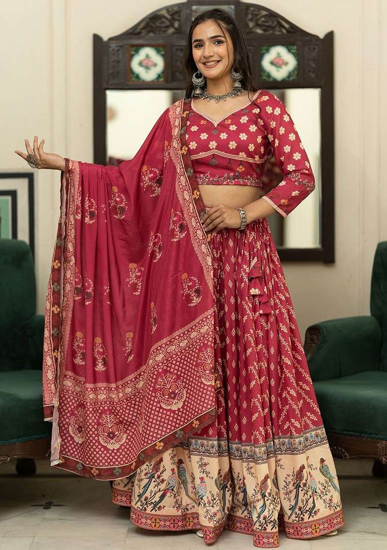 Maroon Printed Blended Lehenga Choli - Indya