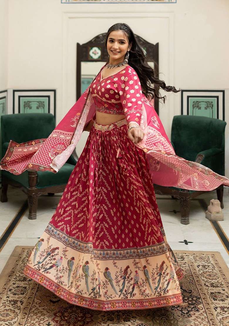 Maroon Printed Blended Lehenga Choli - Indya