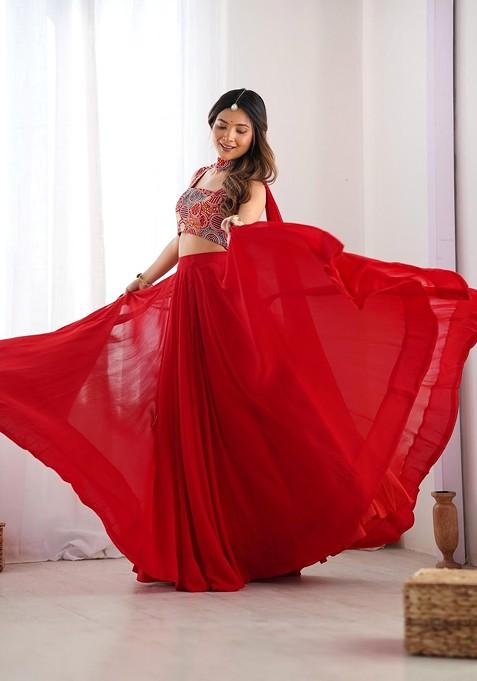 Red Emboridered Blended Lehenga Choli — view on Indya