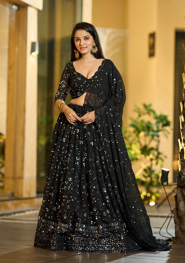 Black Emboridered Blended Lehenga Choli - Indya