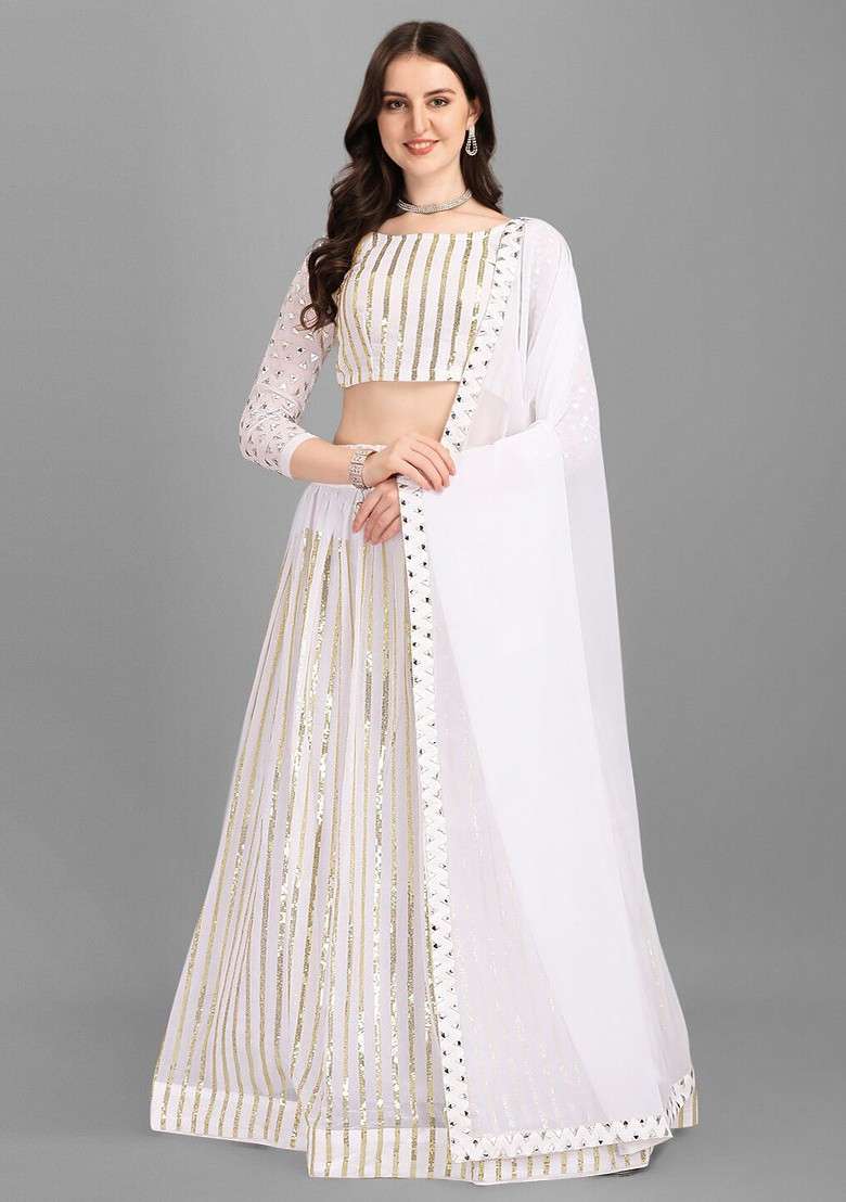 White Emboridered Blended Lehenga Choli - Indya
