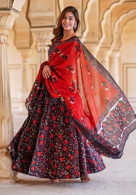 Black Printed Blended Lehenga Choli