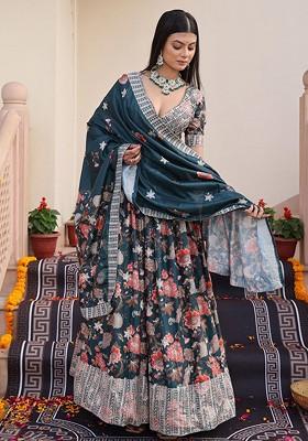 Grey Emboridered Blended Lehenga Choli