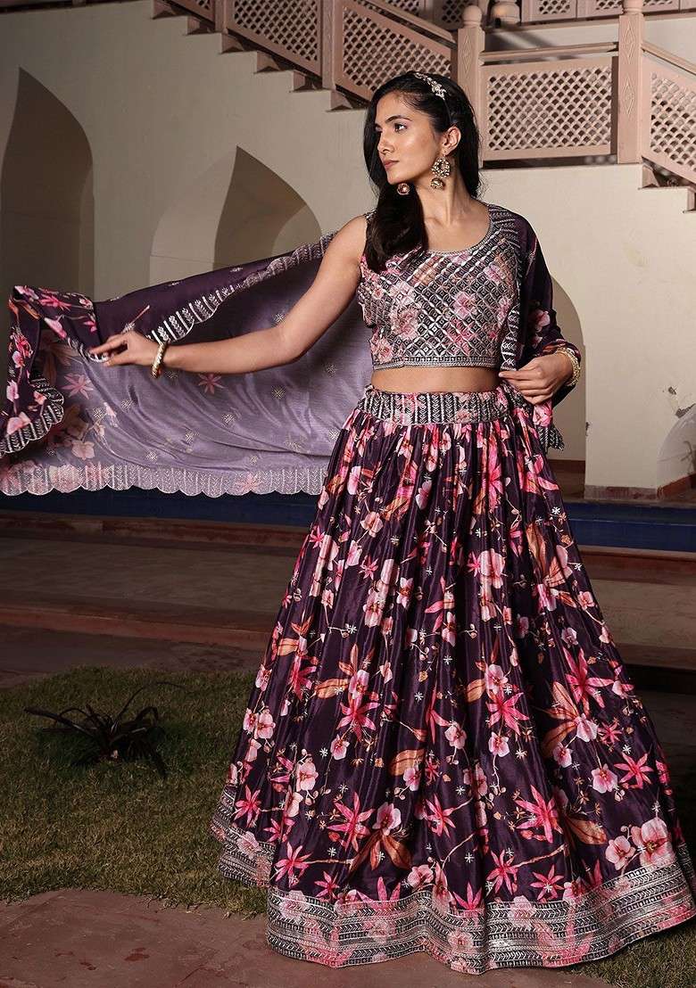 Purple Emboridered Blended Lehenga Choli - Indya