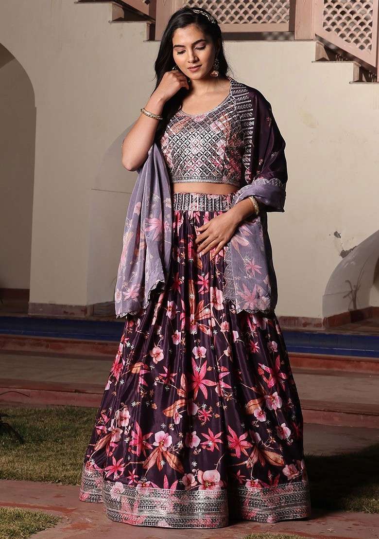 Purple Emboridered Blended Lehenga Choli - Indya