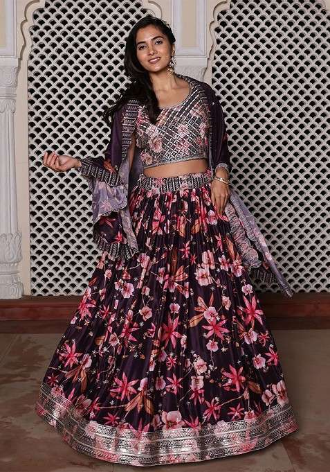 Purple Emboridered Blended Lehenga Choli