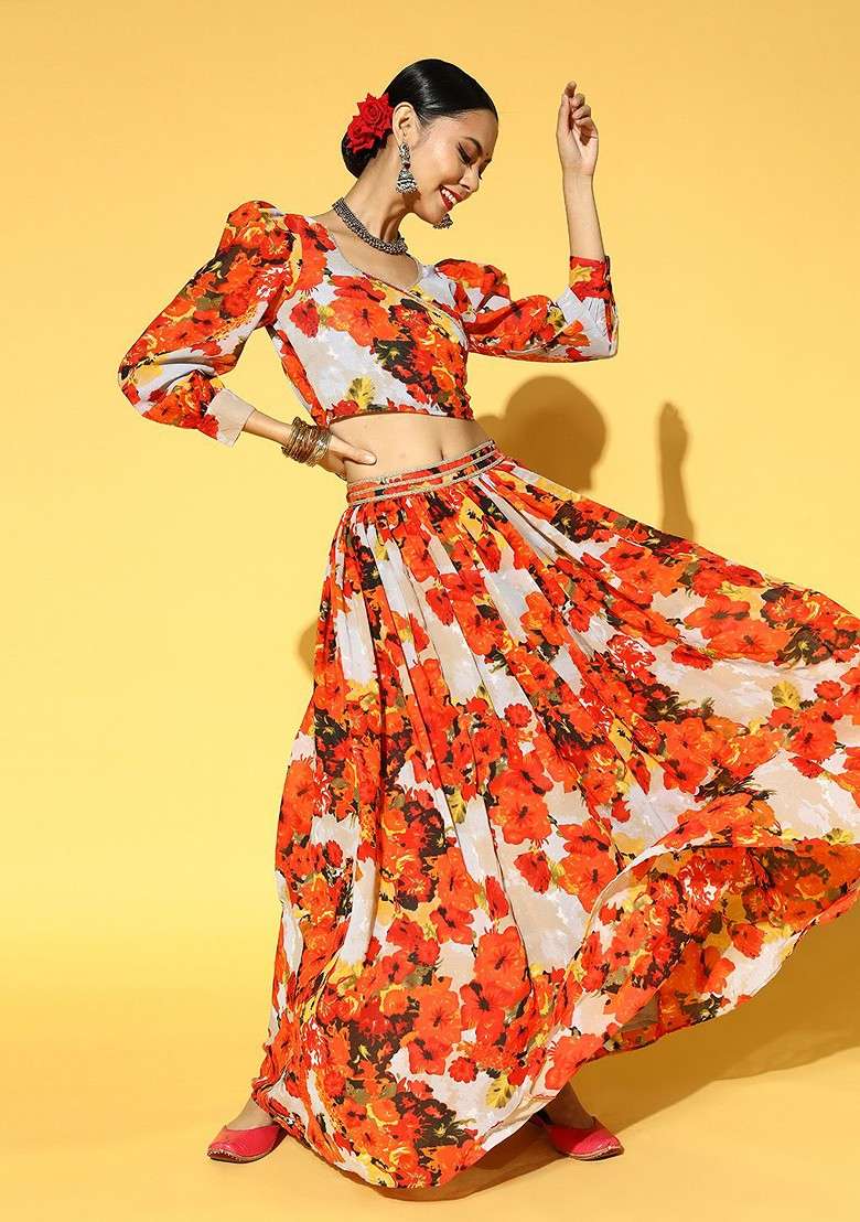 Orange Printed Blended Lehenga Choli - Indya