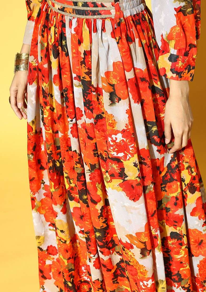 Orange Printed Blended Lehenga Choli - Indya