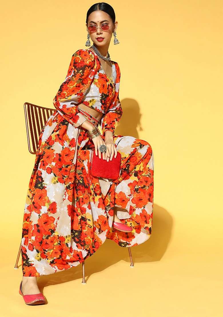 Orange Printed Blended Lehenga Choli - Indya