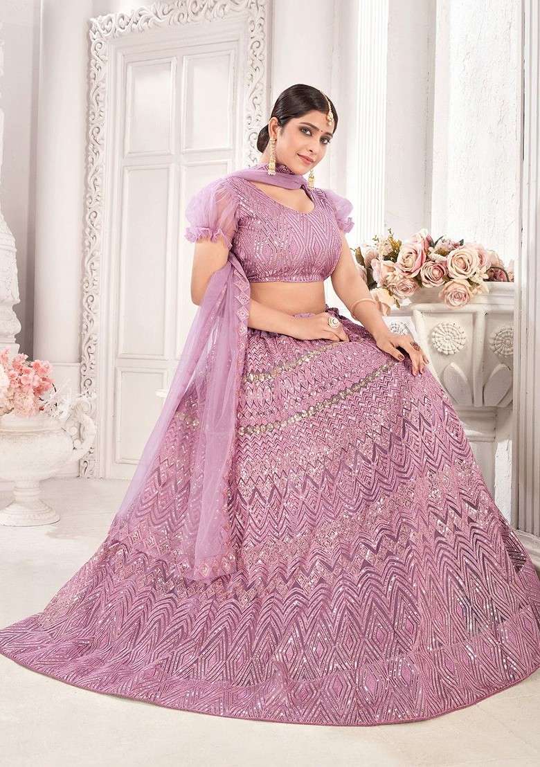 Lavender Emboridered Blended Lehenga Choli - Indya