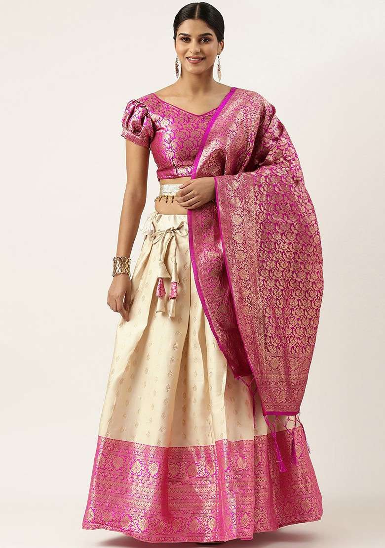 Cream Zari Work Blended Lehenga Choli - Indya
