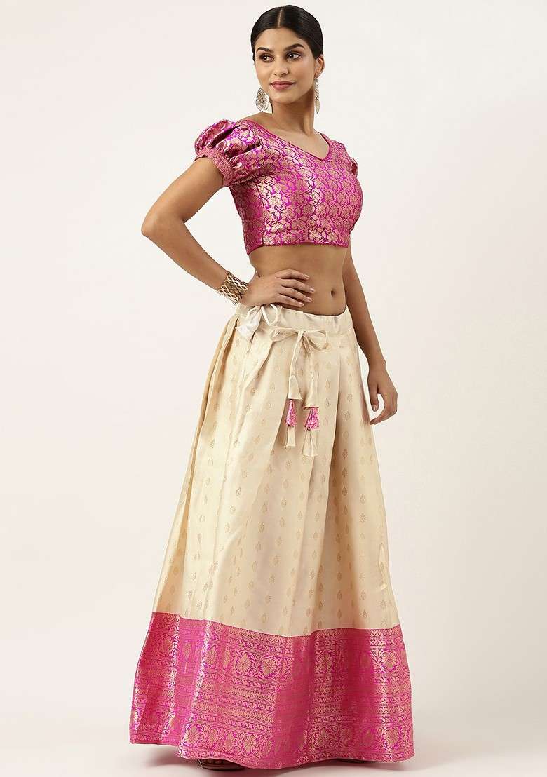 Cream Zari Work Blended Lehenga Choli - Indya