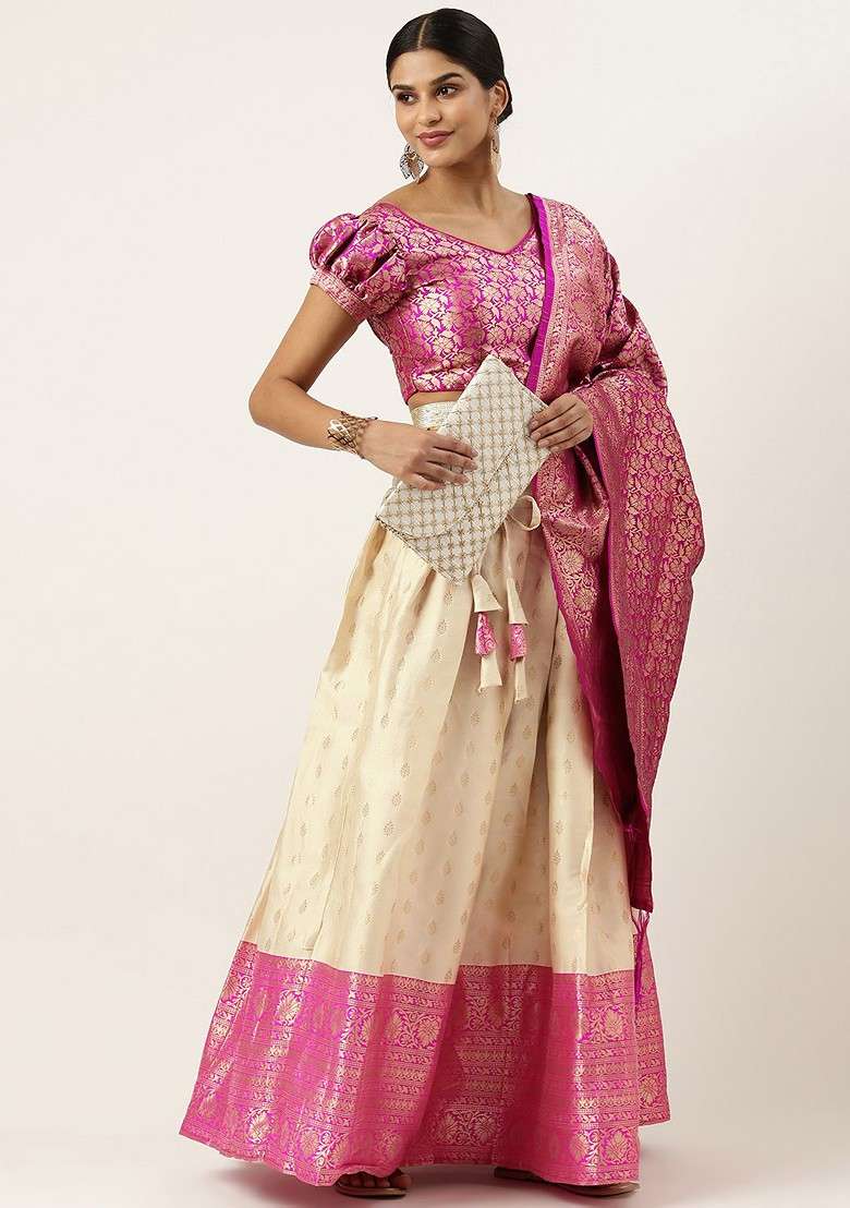 Cream Zari Work Blended Lehenga Choli - Indya