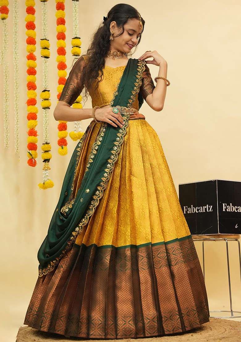 Yellow Zari Work Blended Lehenga Choli - Indya
