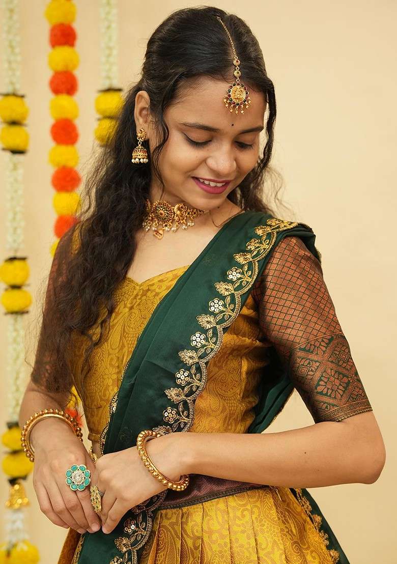 Yellow Zari Work Blended Lehenga Choli - Indya