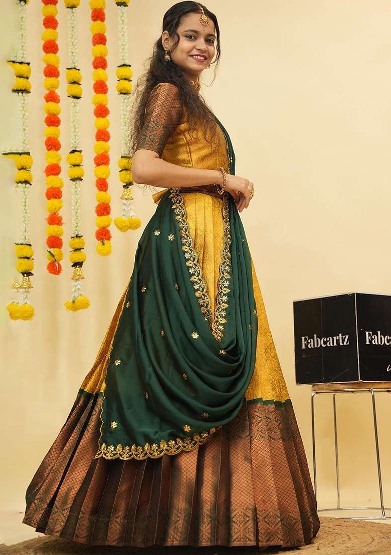 Yellow Zari Work Blended Lehenga Choli - Indya