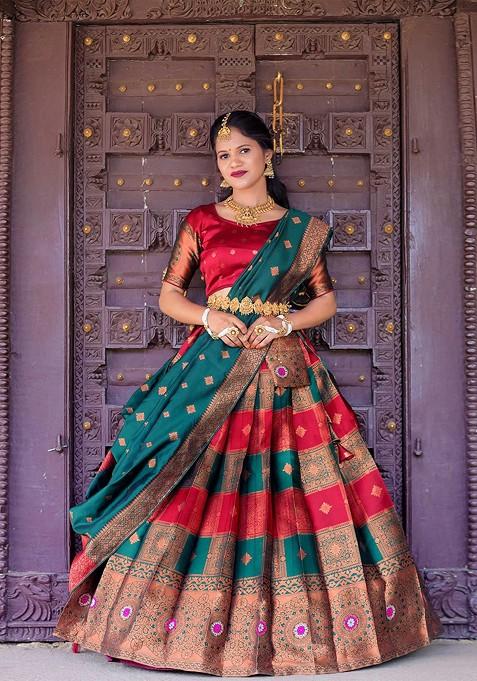Maroon Woven Design Blended Lehenga Choli — view on Indya
