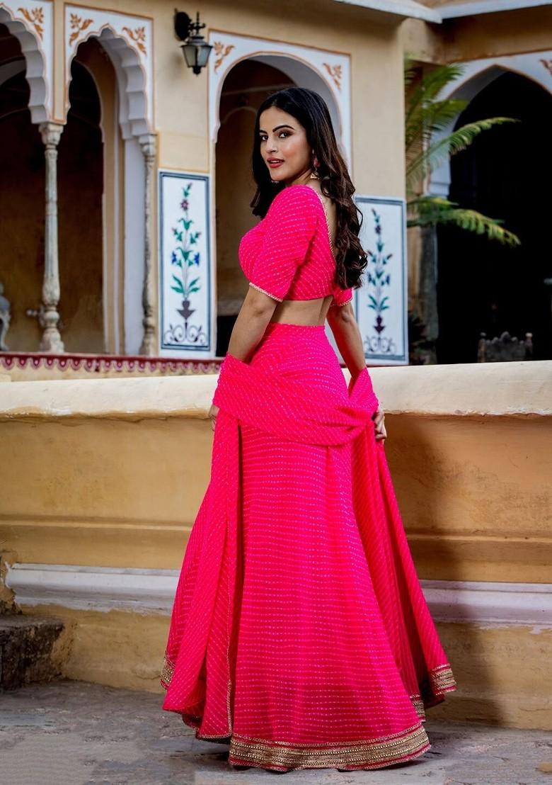 Pink Printed Blended Lehenga Choli - Indya