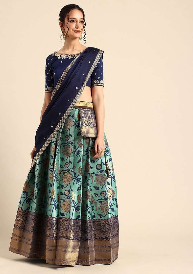 Sea Green Emboridered Blended Lehenga Choli - Indya