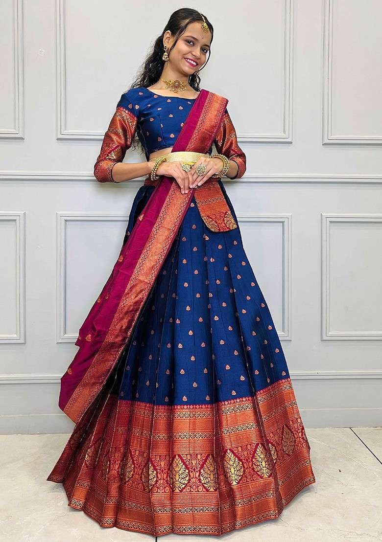 Navy Blue Zari Work Blended Lehenga Choli - Indya