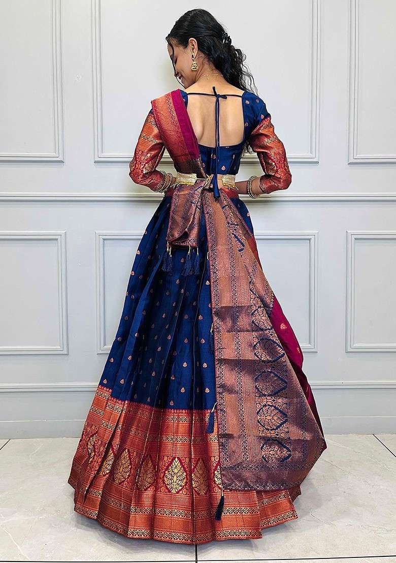 Navy Blue Zari Work Blended Lehenga Choli - Indya