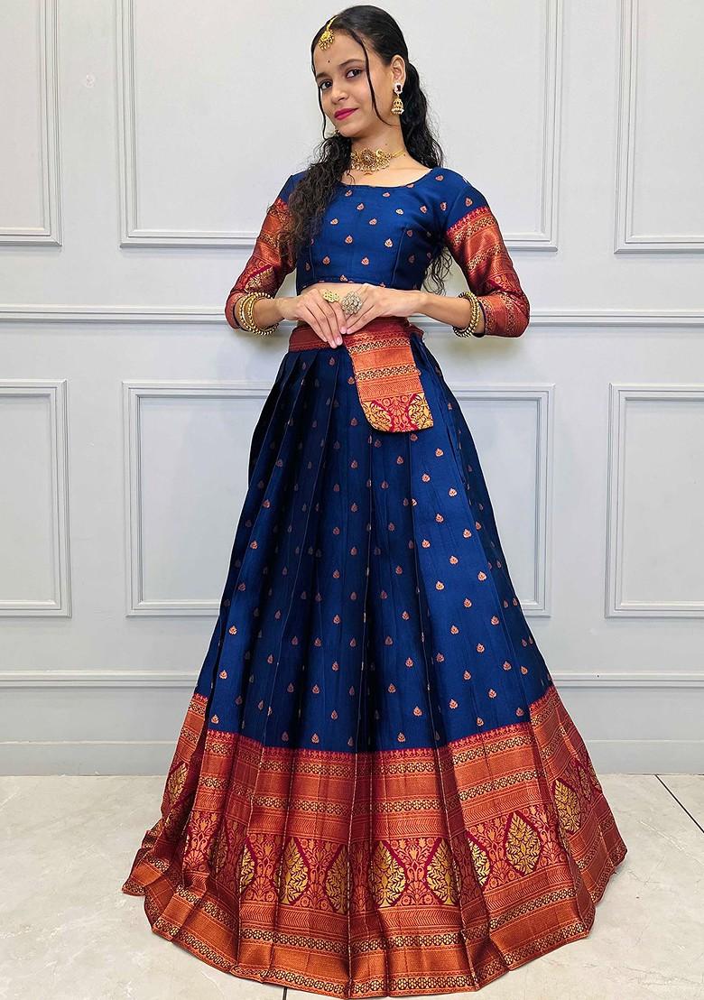 Navy Blue Zari Work Blended Lehenga Choli - Indya