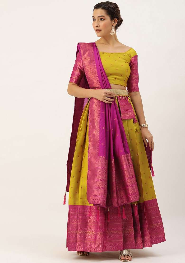 Mustard Emboridered Blended Lehenga Choli - Indya