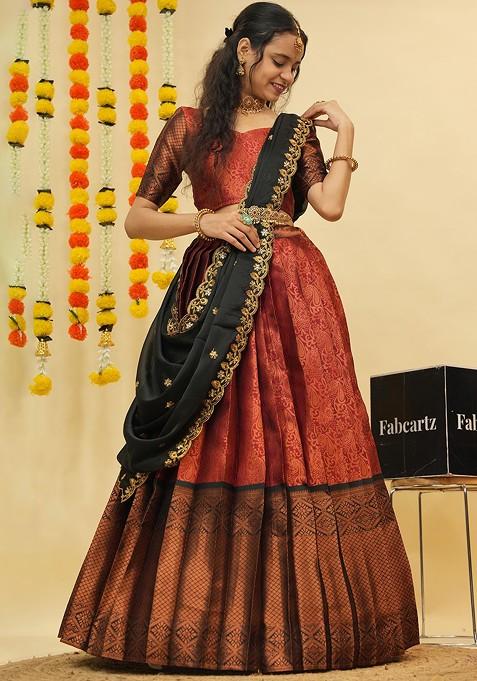 Maroon Zari Work Blended Lehenga Choli — view on Indya