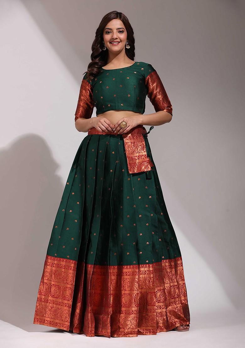 Green Woven Design Blended Lehenga Choli - Indya