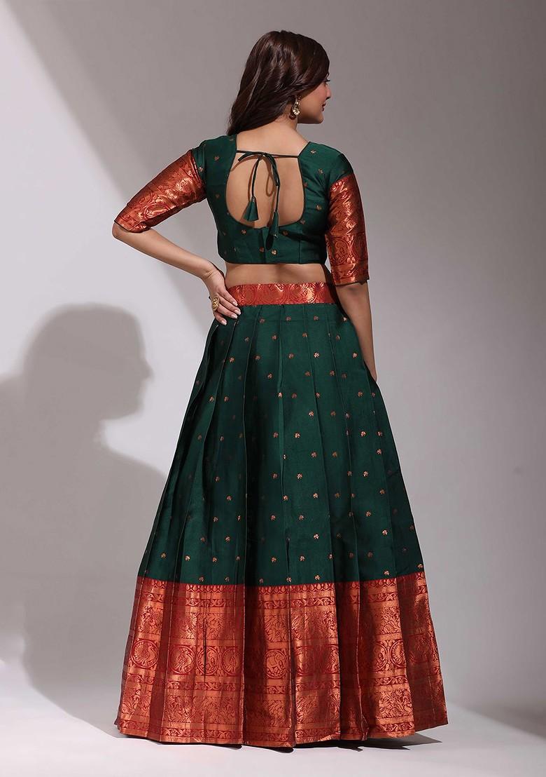 Green Woven Design Blended Lehenga Choli - Indya