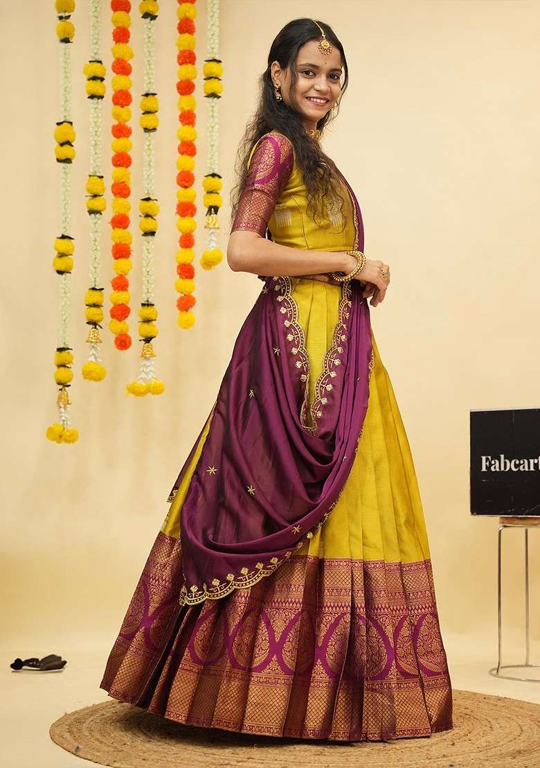 Yellow Zari Work Blended Lehenga Choli - Indya