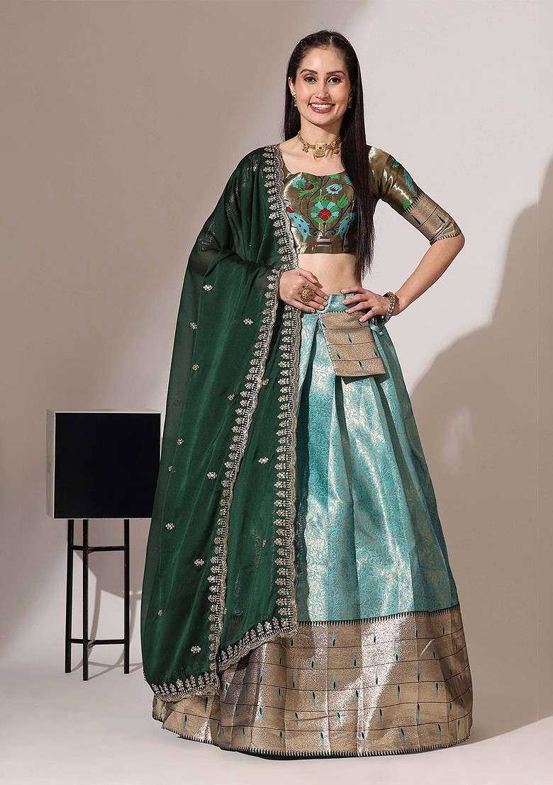 Sea Green Woven Design Blended Lehenga Choli - Indya