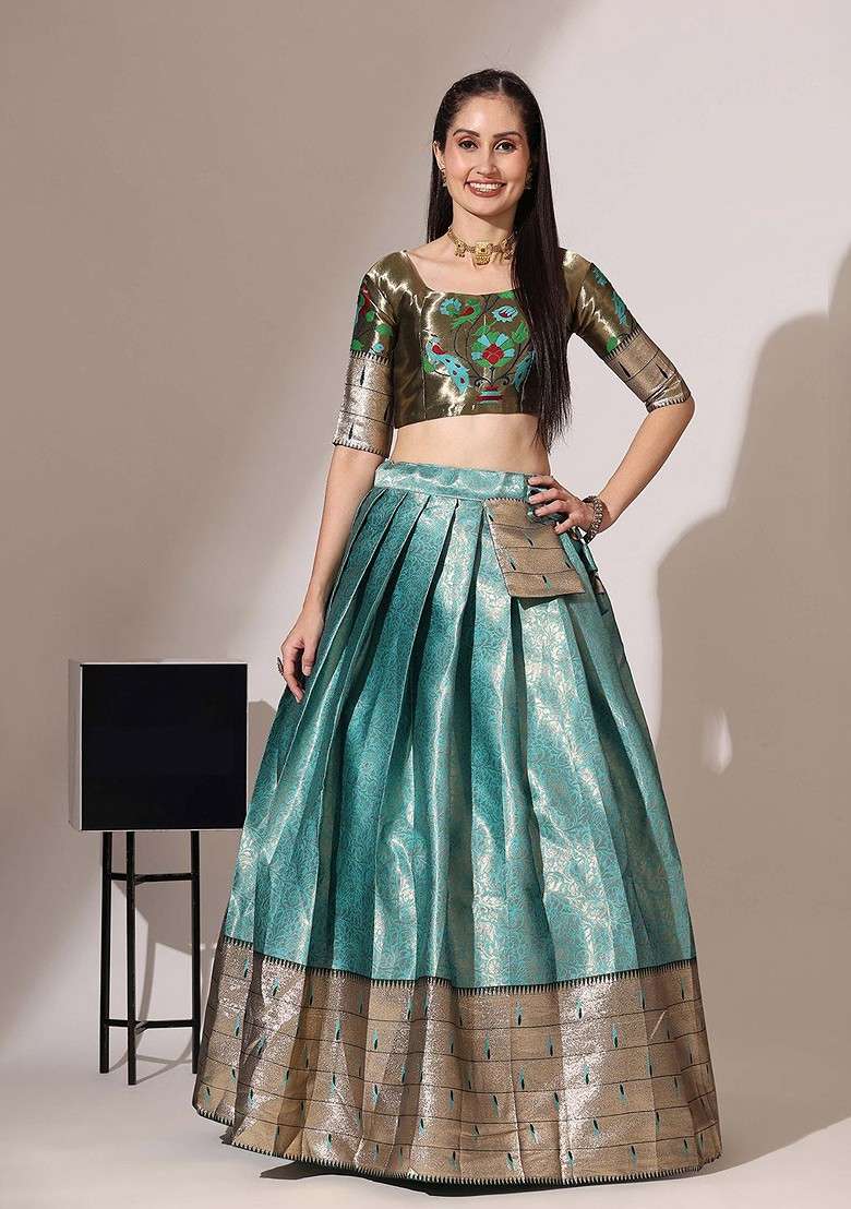 Sea Green Woven Design Blended Lehenga Choli - Indya