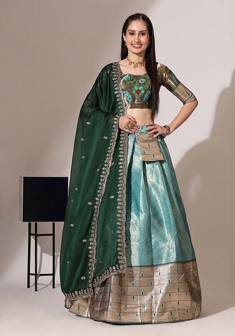 Sea Green Woven Design Blended Lehenga Choli — view on Indya