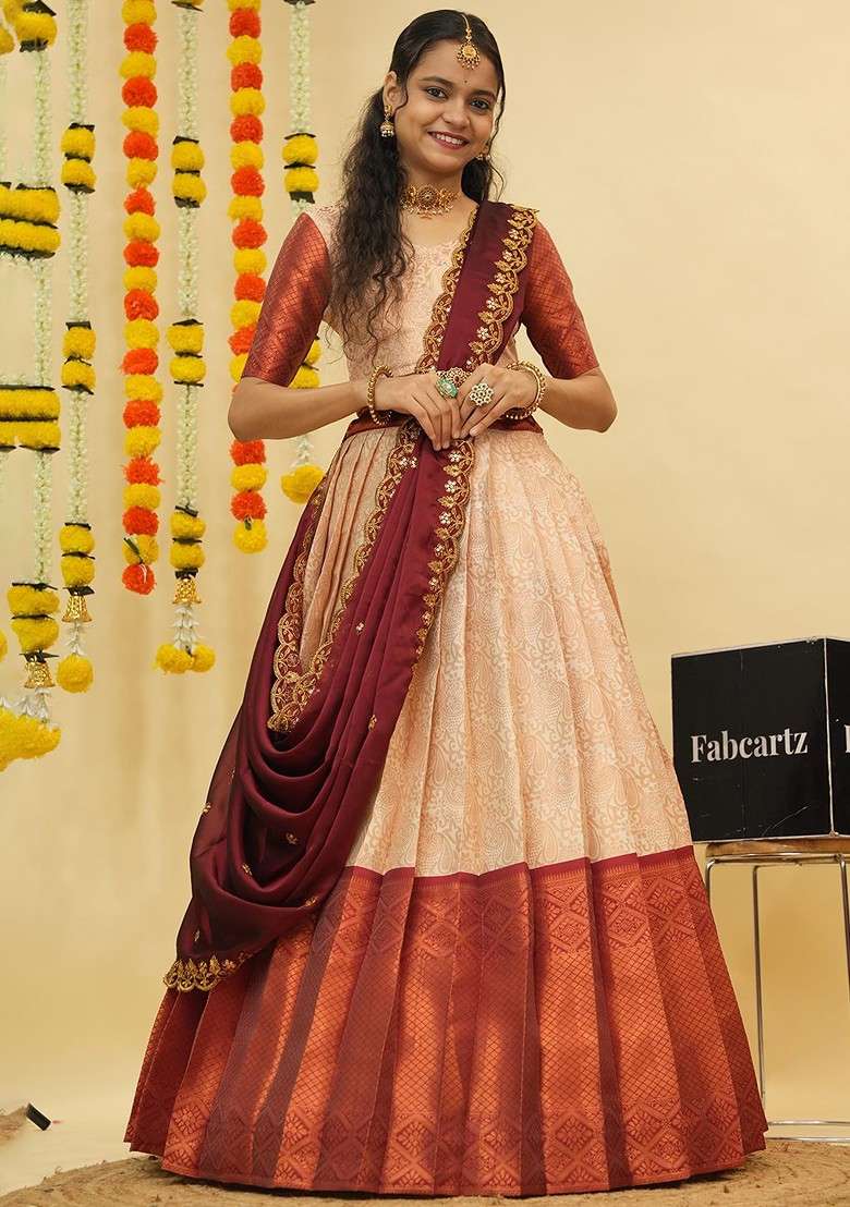 Cream Zari Work Blended Lehenga Choli - Indya