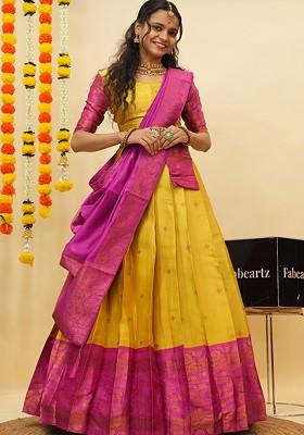 Yellow Woven Design Blended Lehenga Choli