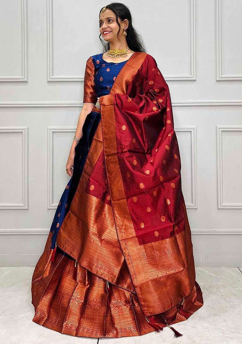 Navy Blue Zari Work Blended Lehenga Choli - Indya