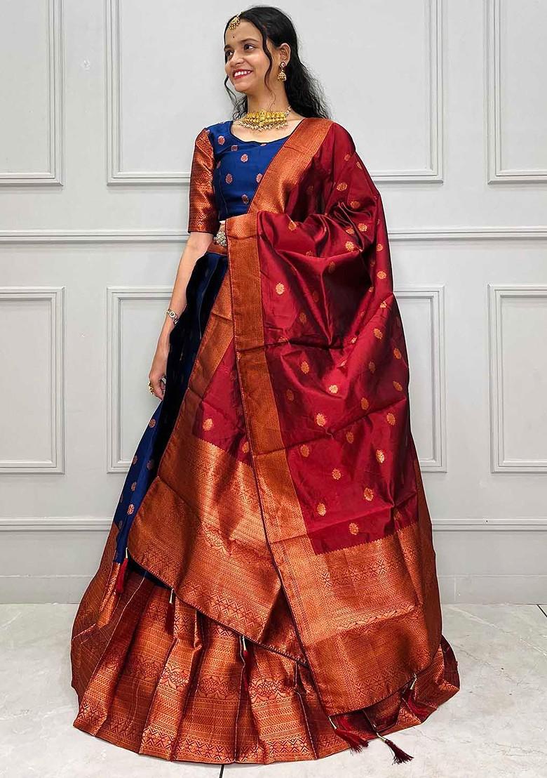 Navy Blue Zari Work Blended Lehenga Choli - Indya